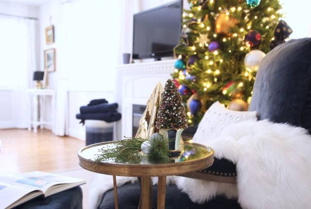 decorating your master bedroom, using navy in decor, gorgeous bedrooms, bedroom christmas trees, mackenzie childs bottle brush trees